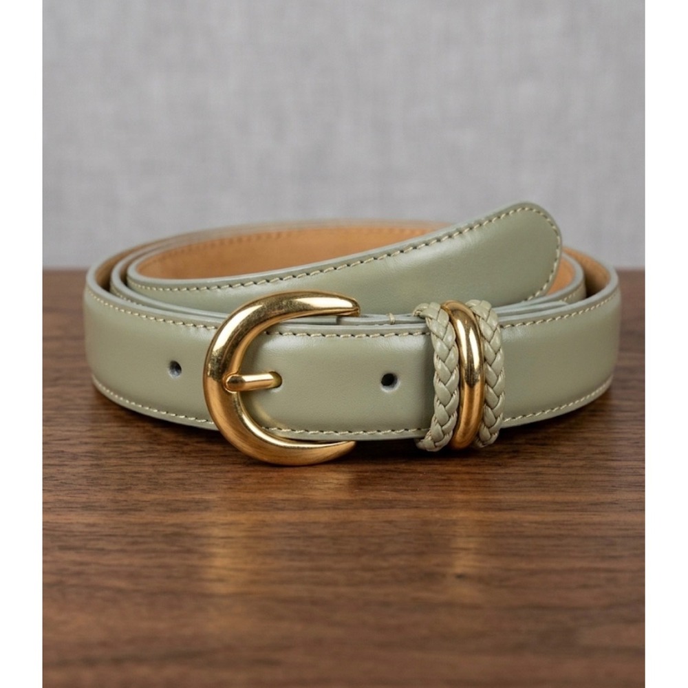 Talbots Sage Green Leather Belt Made in Italy Gold Buckle Braided Keeper Large
